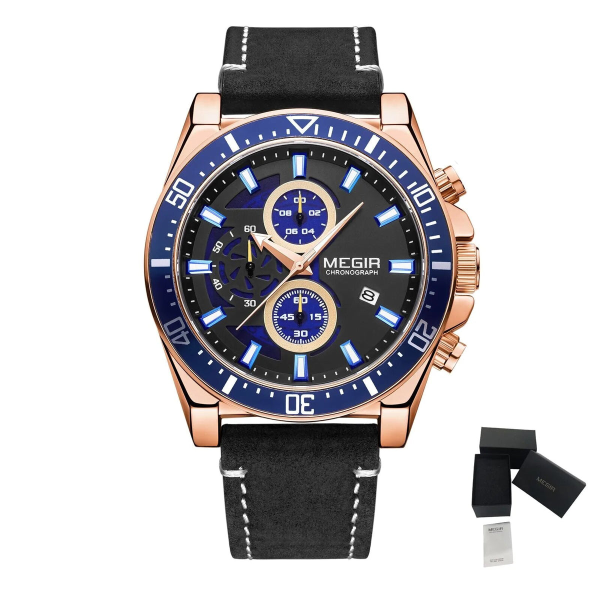 MEGIR Fashion Watches for Men Leather Strap Sport Military Wristwatch Man Quartz Watch Waterproof Chronograph with Calendar 2132