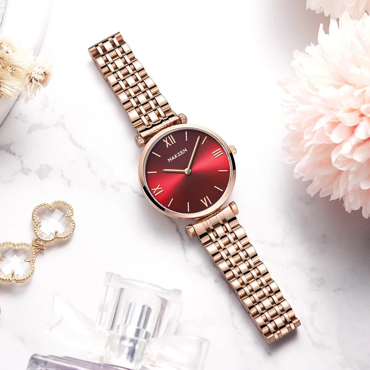 NAKZEN Luxury Crystal Watch Women Waterproof Rose Gold Steel Strap Ladies Wrist Watches Top Brand Bracelet Clock Relogio Feminino 4153