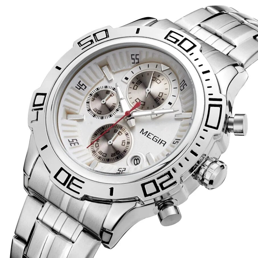 MEGIR Luxury Business Watch for Men Fashion Casual Clock Stainless Steel Calendar Luminous Chronograph Quartz Sport WristWatches 2019