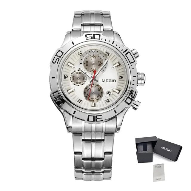 MEGIR Luxury Business Watch for Men Fashion Casual Clock Stainless Steel Calendar Luminous Chronograph Quartz Sport WristWatches 2019