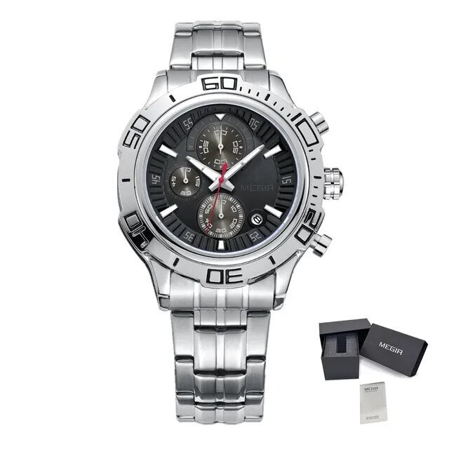 MEGIR Luxury Business Watch for Men Fashion Casual Clock Stainless Steel Calendar Luminous Chronograph Quartz Sport WristWatches 2019