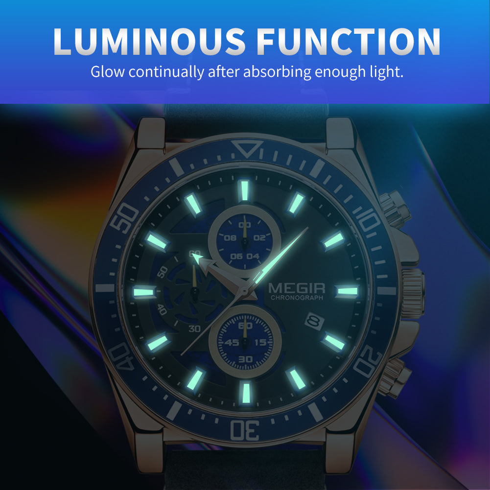 MEGIR Fashion Watches for Men Leather Strap Sport Military Wristwatch Man Quartz Watch Waterproof Chronograph with Calendar 2132