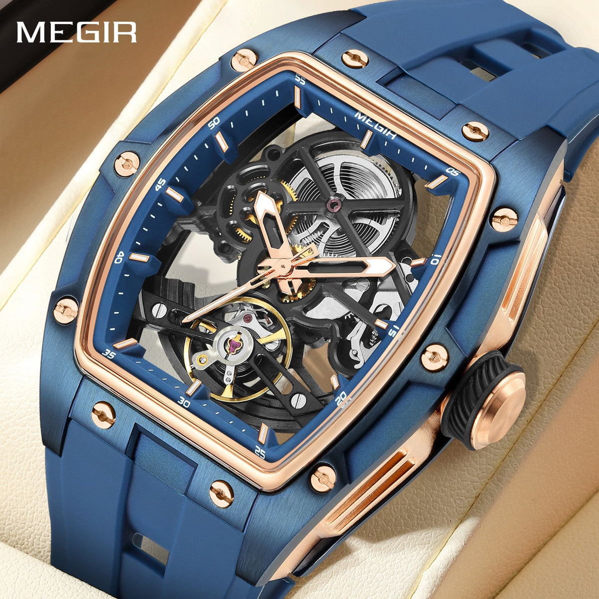 MEGIR Original Fashion Men Watches Automatic Mechanical Watch Steel Case Sport Skeleton Dial Wristwatch Waterproof Clock Reloj Hombre 2242