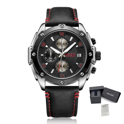 MEGIR Chronograph Men Business Watch Leather Strap Quartz Military Watch Clock Waterproof Date Clock Wristwatch Relogio Masculino 2074