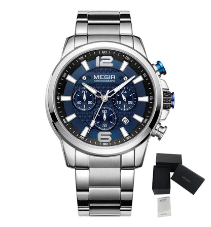 MEGIR Luxury Business Men Watch Fashion Quartz Sport Chronograph Luminous Waterproof Calendar Stainless Steel Male Wristwatch 2156