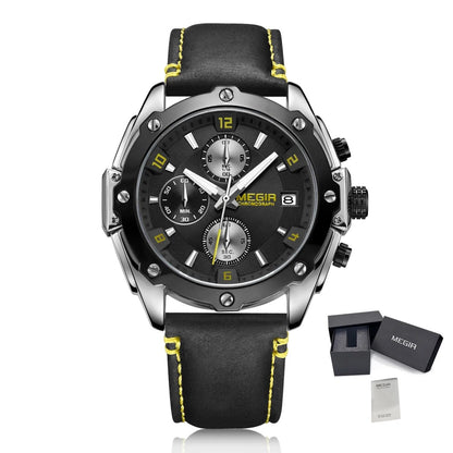 MEGIR Chronograph Men Business Watch Leather Strap Quartz Military Watch Clock Waterproof Date Clock Wristwatch Relogio Masculino 2074