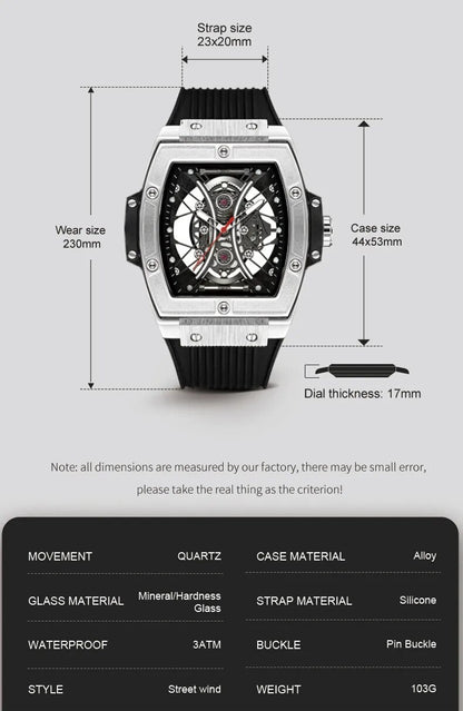 RUIMAS Quartz Sport Watches for Man Hollow Out Fashion Men Wristwatch 3ATM Waterproof Silicone Strap Clock Relogio Masculino 334