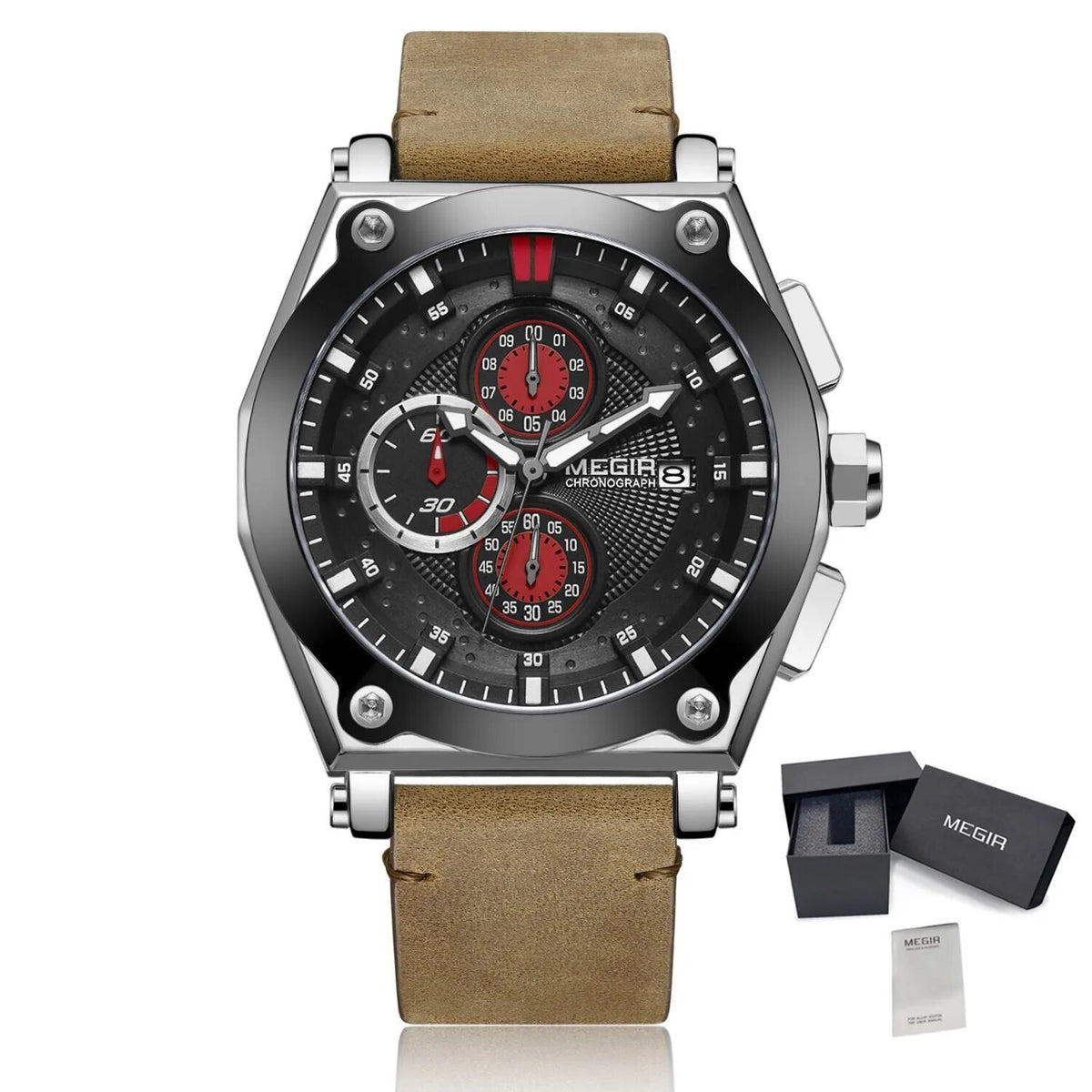 MEGIR Luxury Quartz Men Watch Multifunction Leather Strap Sport Chronograph Waterproof Man Wristwatch Clock Montre Homme 2098