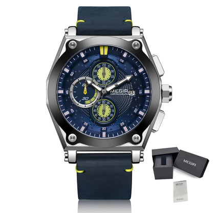 MEGIR Luxury Quartz Men Watch Multifunction Leather Strap Sport Chronograph Waterproof Man Wristwatch Clock Montre Homme 2098