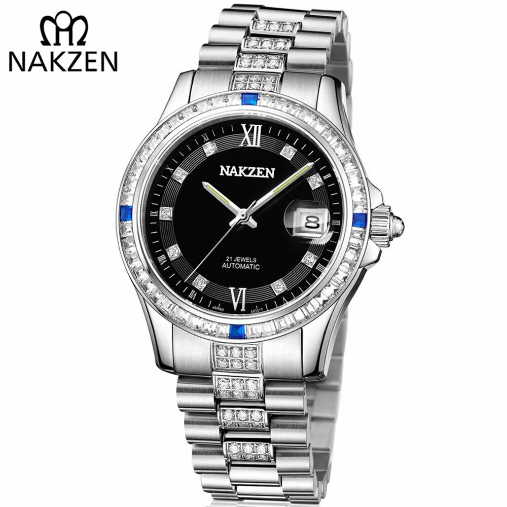 NAKZEN Men Japan NH35 Movement Automatic Mechanical Watch Elegant Diamond Stainless Steel Bracelet Watches Relogio Masculino 6013