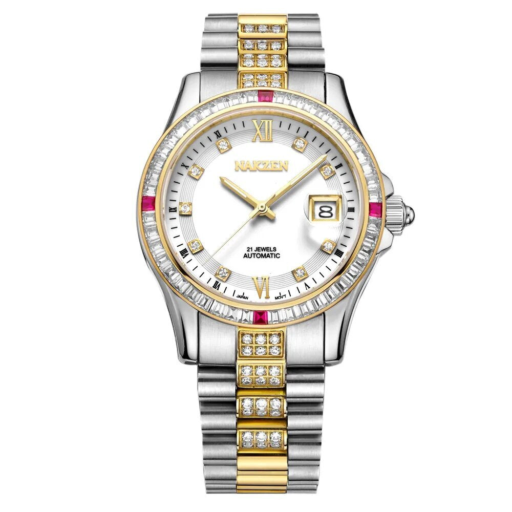 NAKZEN Men Japan NH35 Movement Automatic Mechanical Watch Elegant Diamond Stainless Steel Bracelet Watches Relogio Masculino 6013