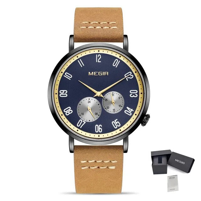 MEGIR Fashion Casual Men Watches Luxury Leather Quartz Sport Wristwatch Waterproof Luminous Clock Large Dial Relogio Masculino 1083