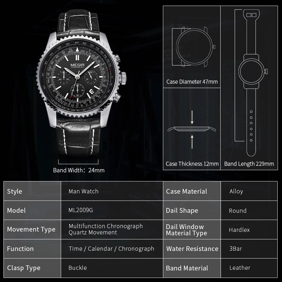 MEGIR Fashion Leather Strap Quartz Watches Waterproof Luminous Men Casual Sport Wristwatch Date Clock Chronograph Reloj Hombre 2009