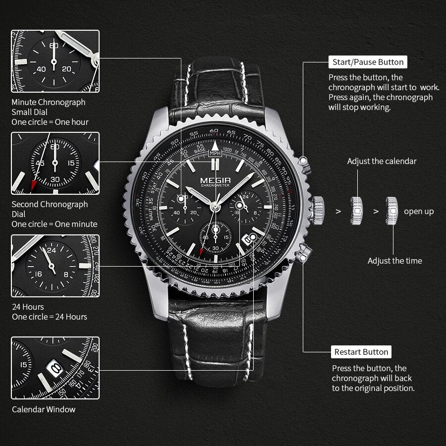MEGIR Fashion Leather Strap Quartz Watches Waterproof Luminous Men Casual Sport Wristwatch Date Clock Chronograph Reloj Hombre 2009