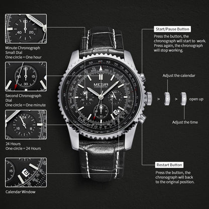 MEGIR Fashion Leather Strap Quartz Watches Waterproof Luminous Men Casual Sport Wristwatch Date Clock Chronograph Reloj Hombre 2009
