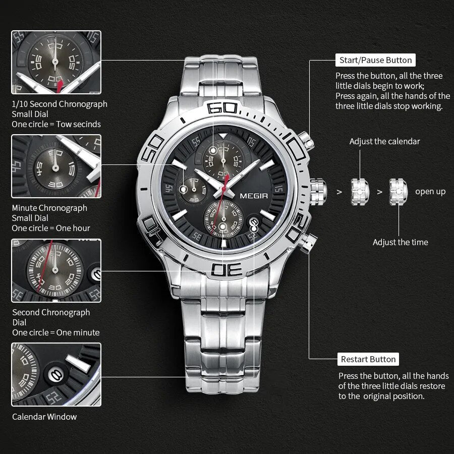 MEGIR Luxury Business Watch for Men Fashion Casual Clock Stainless Steel Calendar Luminous Chronograph Quartz Sport WristWatches 2019