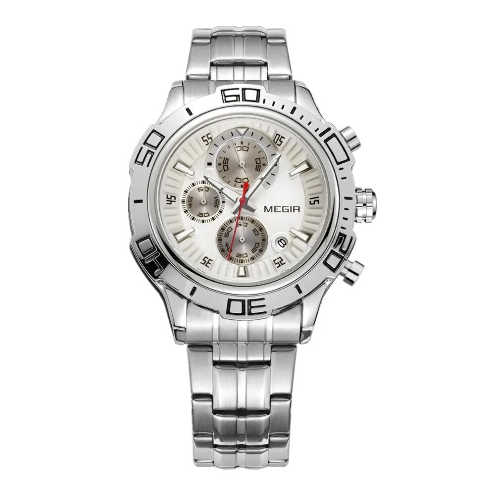 MEGIR Luxury Business Watch for Men Fashion Casual Clock Stainless Steel Calendar Luminous Chronograph Quartz Sport WristWatches 2019