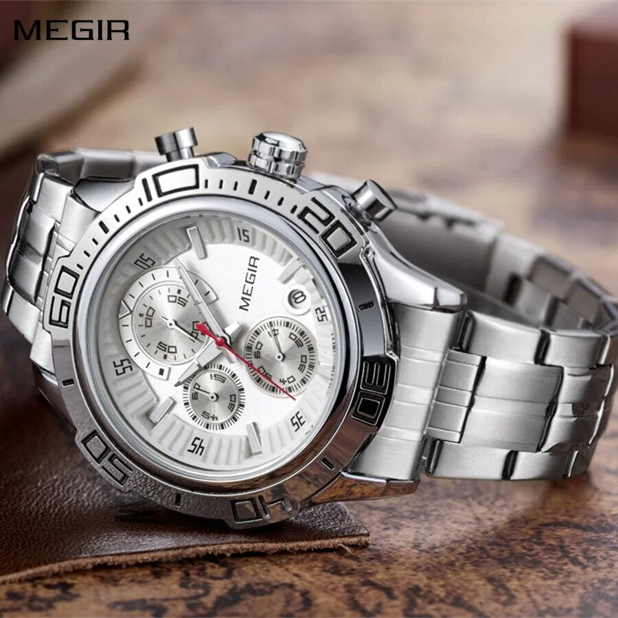 MEGIR Luxury Business Watch for Men Fashion Casual Clock Stainless Steel Calendar Luminous Chronograph Quartz Sport WristWatches 2019