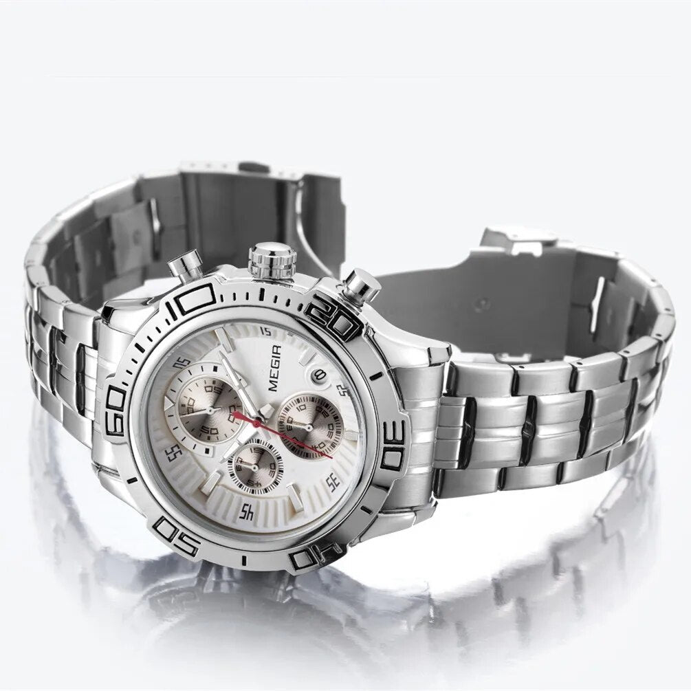 MEGIR Luxury Business Watch for Men Fashion Casual Clock Stainless Steel Calendar Luminous Chronograph Quartz Sport WristWatches 2019