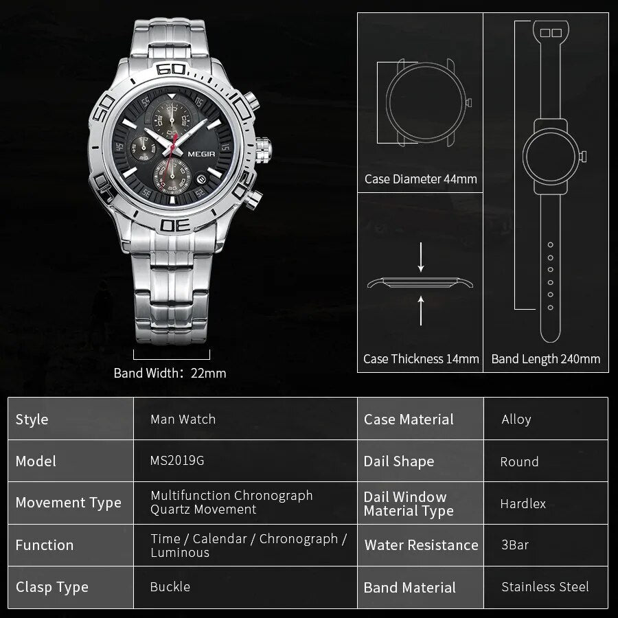 MEGIR Luxury Business Watch for Men Fashion Casual Clock Stainless Steel Calendar Luminous Chronograph Quartz Sport WristWatches 2019