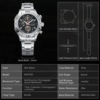 MEGIR Luxury Business Watch for Men Fashion Casual Clock Stainless Steel Calendar Luminous Chronograph Quartz Sport WristWatches 2019