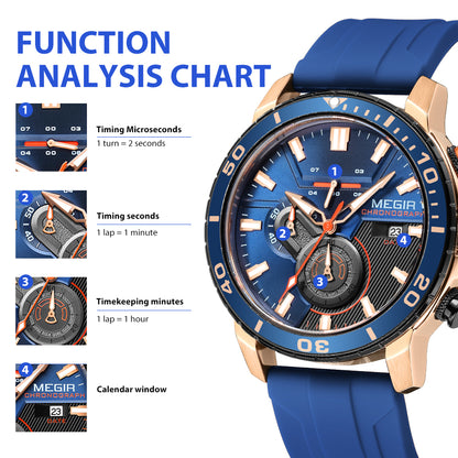 MEGIR Luxury Military Watches for Men Fashion Sport Quartz Wristwatch Waterproof Silicone Band Male Clock Chronograph with Date 2224