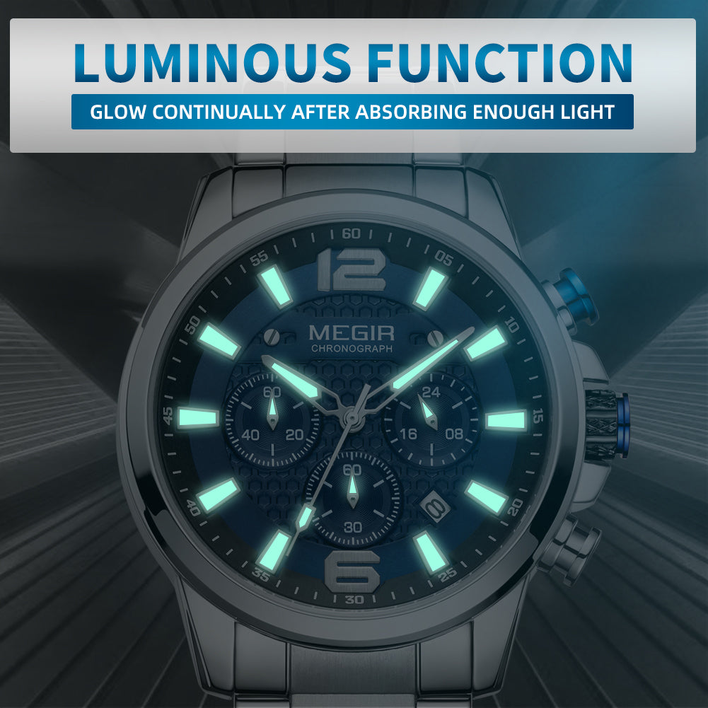 MEGIR Luxury Business Men Watch Fashion Quartz Sport Chronograph Luminous Waterproof Calendar Stainless Steel Male Wristwatch 2156