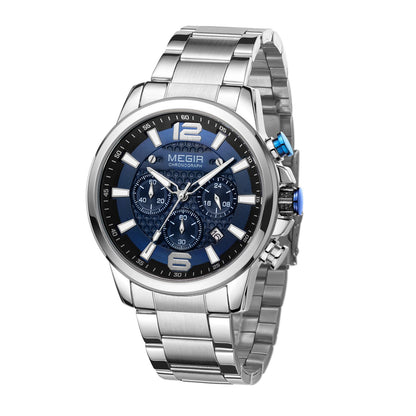 MEGIR Luxury Business Men Watch Fashion Quartz Sport Chronograph Luminous Waterproof Calendar Stainless Steel Male Wristwatch 2156