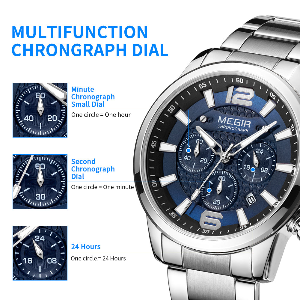 MEGIR Luxury Business Men Watch Fashion Quartz Sport Chronograph Luminous Waterproof Calendar Stainless Steel Male Wristwatch 2156