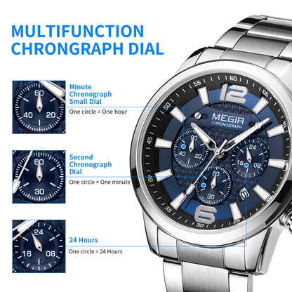 MEGIR Luxury Business Men Watch Fashion Quartz Sport Chronograph Luminous Waterproof Calendar Stainless Steel Male Wristwatch 2156