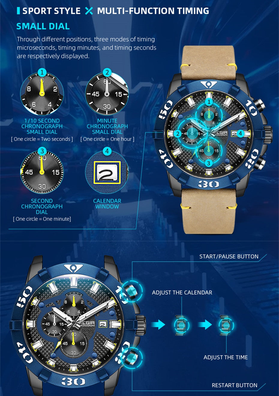 MEGIR Men Watches Fashion Luxury Big Dial Sports Watches Waterproof Quartz Wristwatch Chronograph Man Casual Luminous Clock 2136