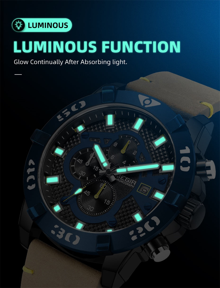 MEGIR Men Watches Fashion Luxury Big Dial Sports Watches Waterproof Quartz Wristwatch Chronograph Man Casual Luminous Clock 2136