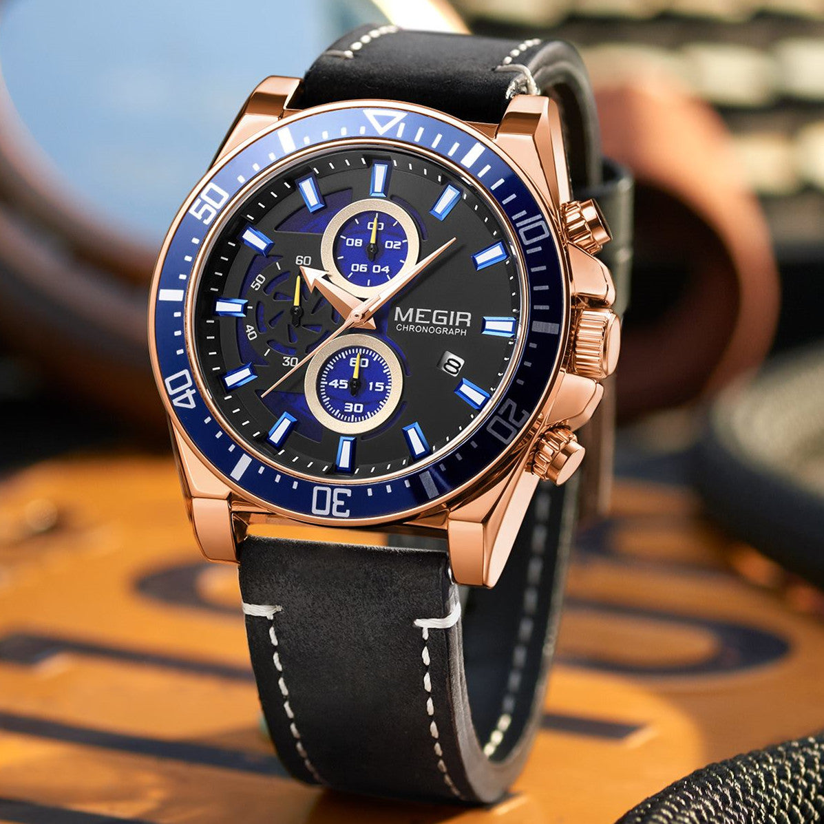 MEGIR Fashion Watches for Men Leather Strap Sport Military Wristwatch Man Quartz Watch Waterproof Chronograph with Calendar 2132