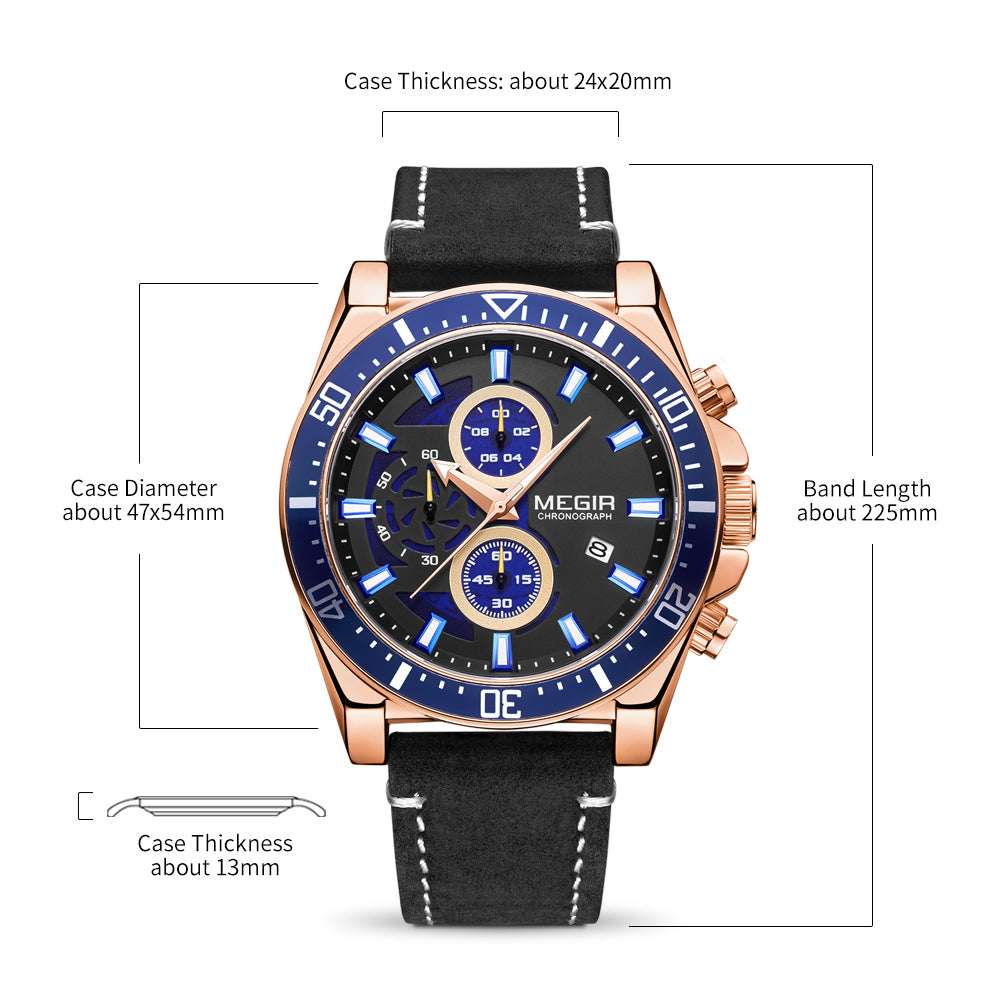 MEGIR Fashion Watches for Men Leather Strap Sport Military Wristwatch Man Quartz Watch Waterproof Chronograph with Calendar 2132