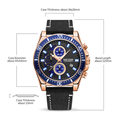 MEGIR Fashion Watches for Men Leather Strap Sport Military Wristwatch Man Quartz Watch Waterproof Chronograph with Calendar 2132