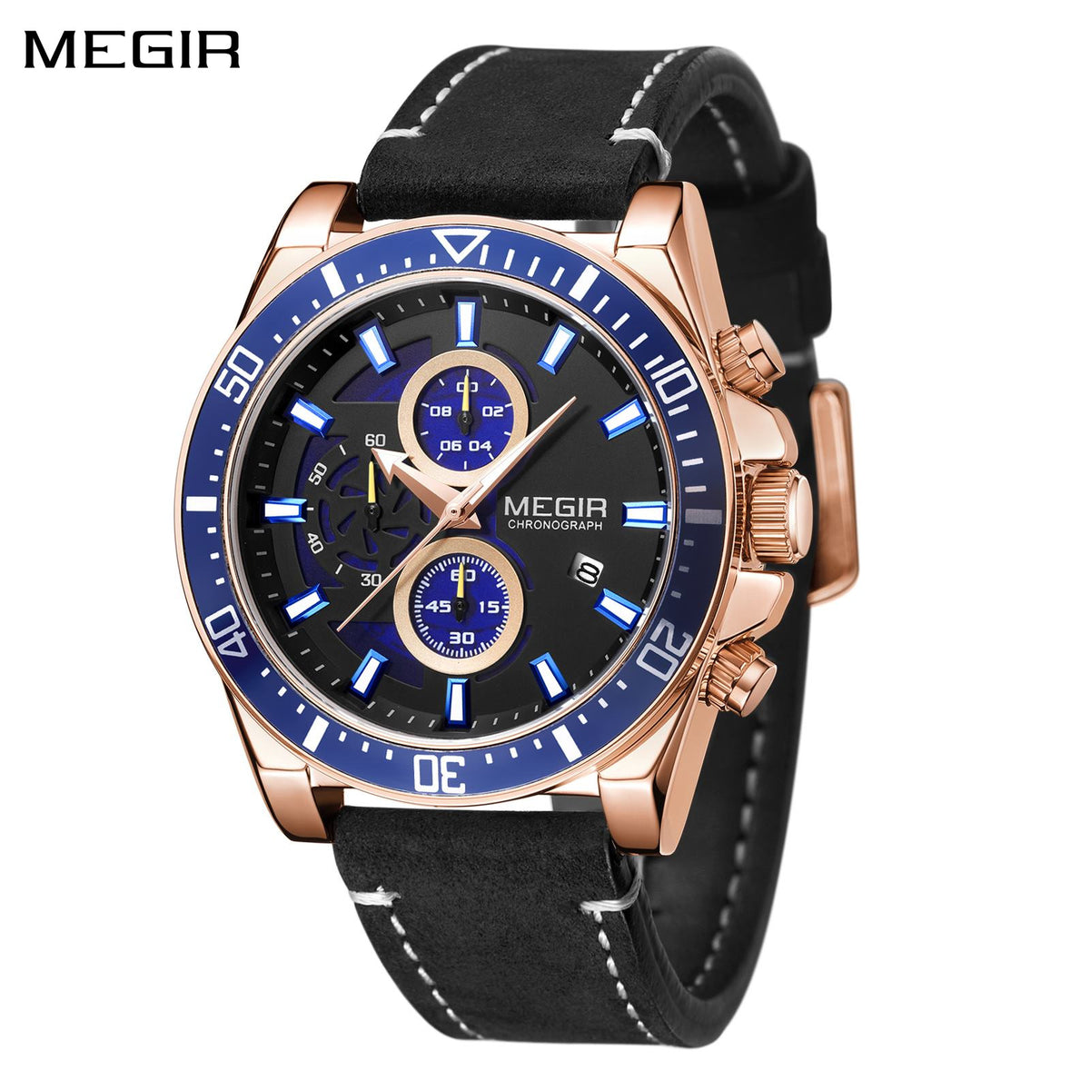 MEGIR Fashion Watches for Men Leather Strap Sport Military Wristwatch Man Quartz Watch Waterproof Chronograph with Calendar 2132