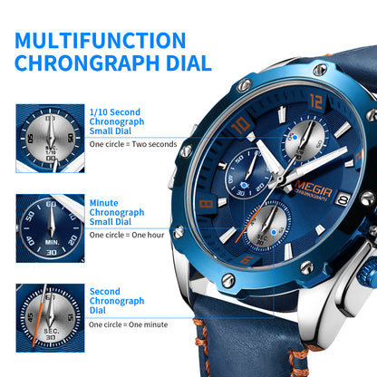 MEGIR Chronograph Men Business Watch Leather Strap Quartz Military Watch Clock Waterproof Date Clock Wristwatch Relogio Masculino 2074