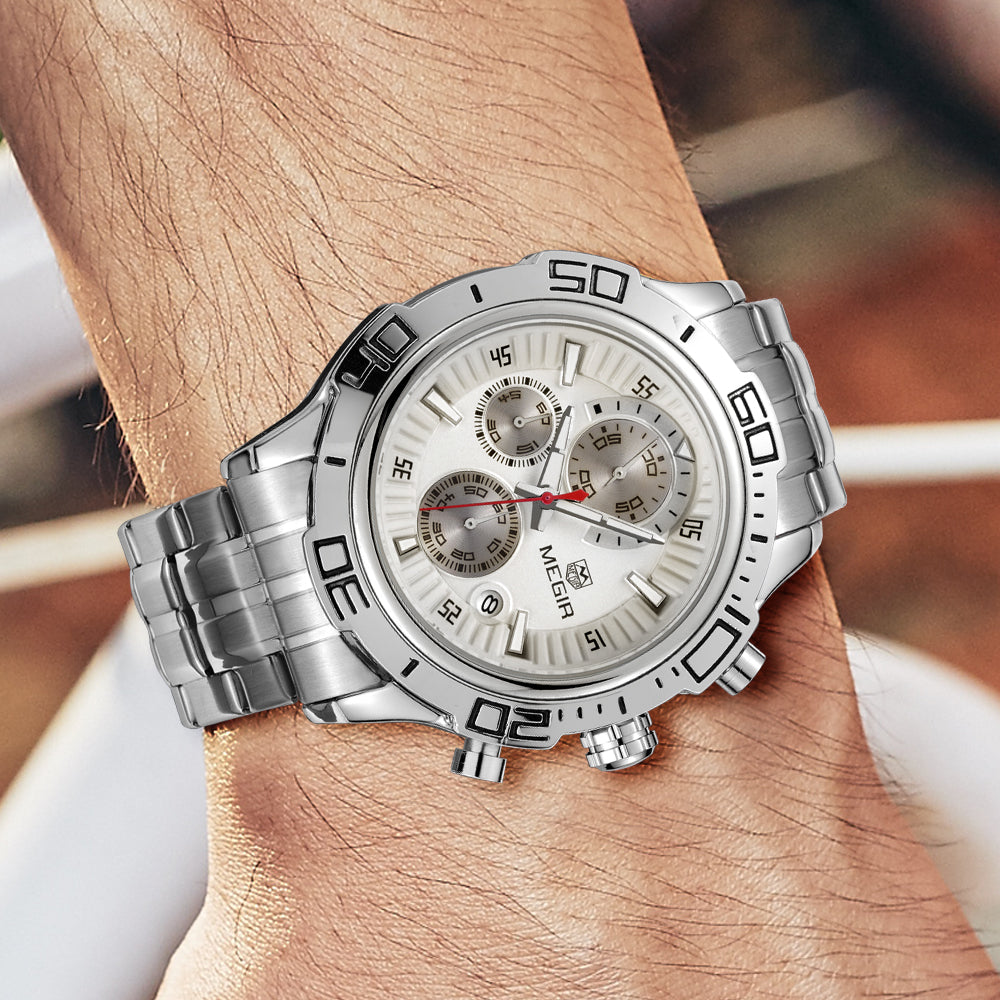 MEGIR Luxury Business Watch for Men Fashion Casual Clock Stainless Steel Calendar Luminous Chronograph Quartz Sport WristWatches 2019