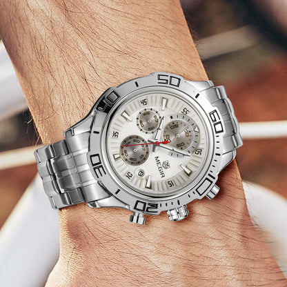 MEGIR Luxury Business Watch for Men Fashion Casual Clock Stainless Steel Calendar Luminous Chronograph Quartz Sport WristWatches 2019