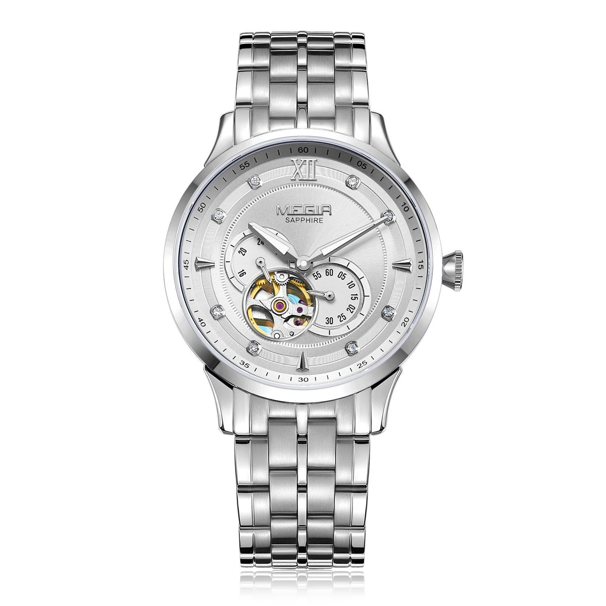 MEGIR Luxury Men Watches Stainless Steel Automatic Mechanical Watch Sapphire Steel Case Business WristWatch Montre Homme 62053