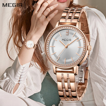 MEGIR Luxury Watches for Women Stainless Steel Dress Clock Fashion Elegant Wristwatch Quartz Watch Ladies Clock Reloj Mujer 7012