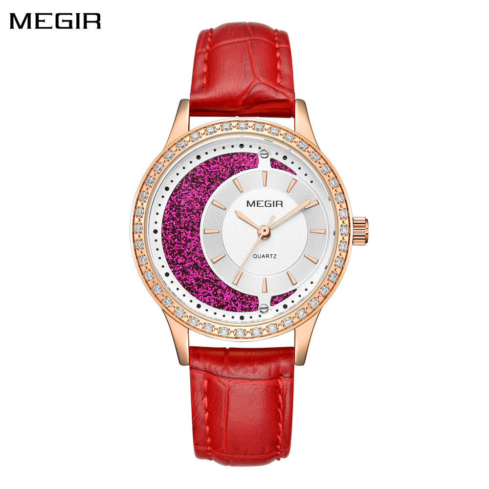 MEGIR Diamond Women Luxury Watch Elegant Ladies Quartz Wristwatch Female Bracelet Watches Waterproof Red Leather Dress Clock 4218