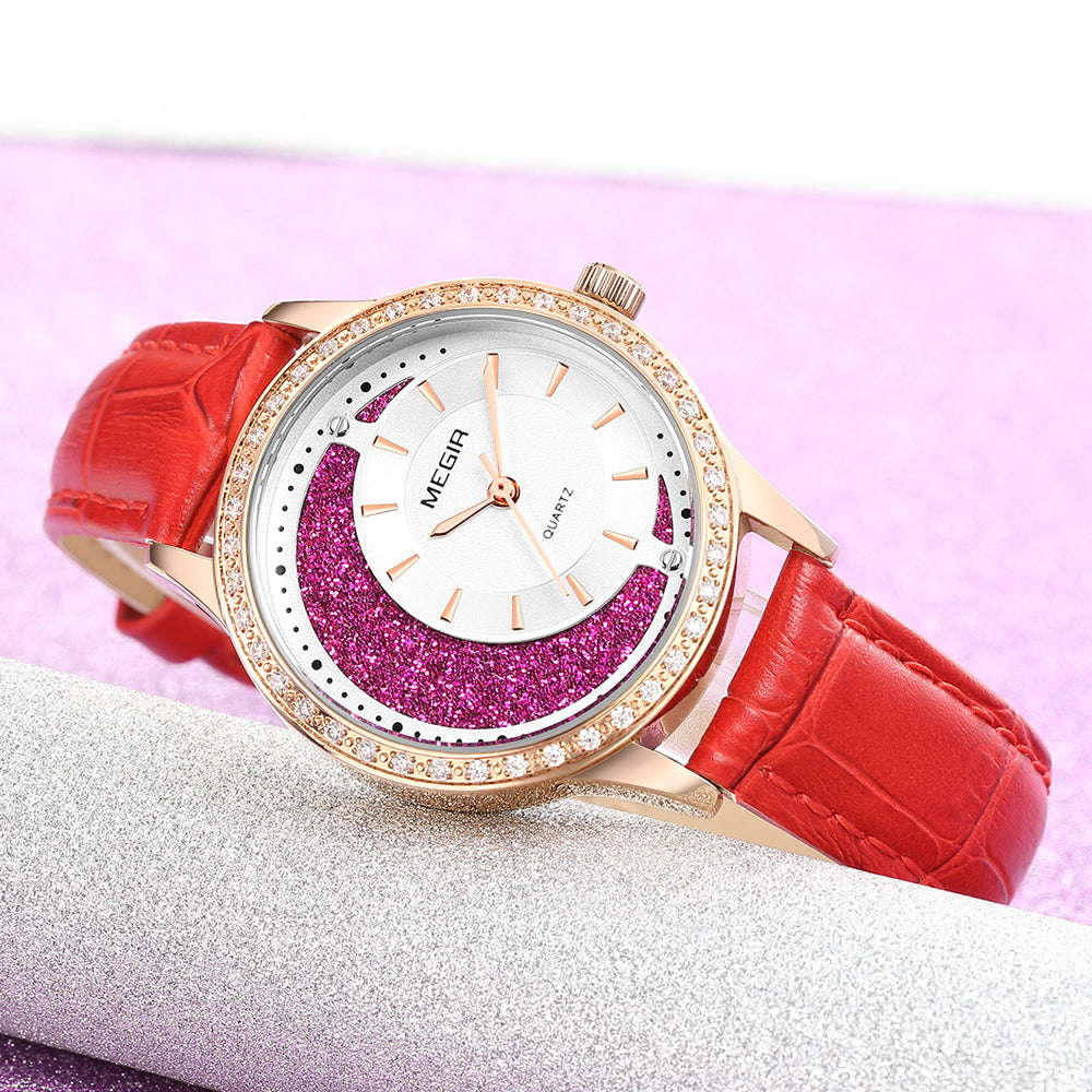 MEGIR Diamond Women Luxury Watch Elegant Ladies Quartz Wristwatch Female Bracelet Watches Waterproof Red Leather Dress Clock 4218