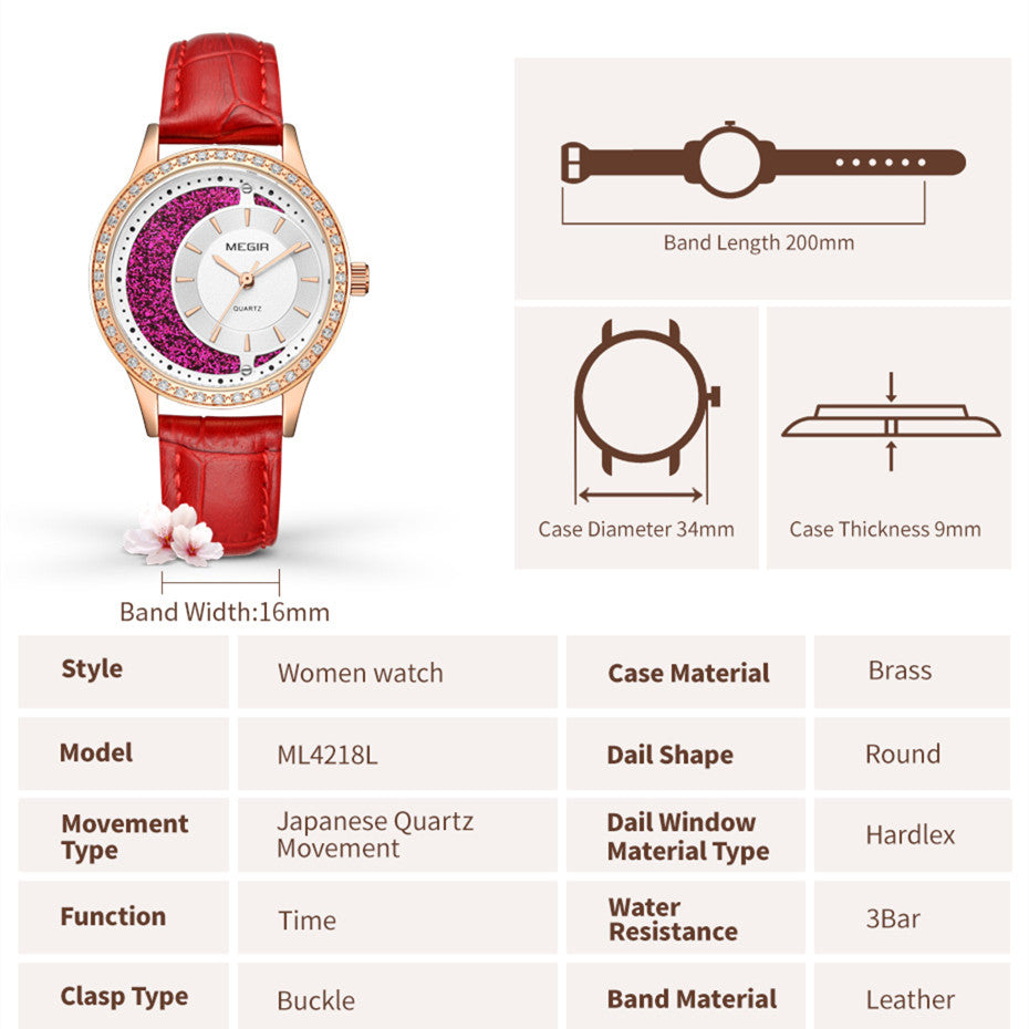 MEGIR Diamond Women Luxury Watch Elegant Ladies Quartz Wristwatch Female Bracelet Watches Waterproof Red Leather Dress Clock 4218
