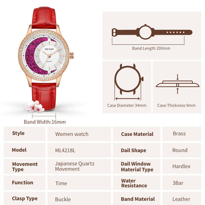 MEGIR Diamond Women Luxury Watch Elegant Ladies Quartz Wristwatch Female Bracelet Watches Waterproof Red Leather Dress Clock 4218