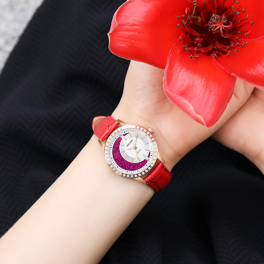 MEGIR Diamond Women Luxury Watch Elegant Ladies Quartz Wristwatch Female Bracelet Watches Waterproof Red Leather Dress Clock 4218