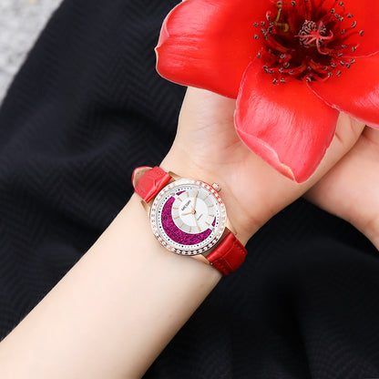 MEGIR Diamond Women Luxury Watch Elegant Ladies Quartz Wristwatch Female Bracelet Watches Waterproof Red Leather Dress Clock 4218