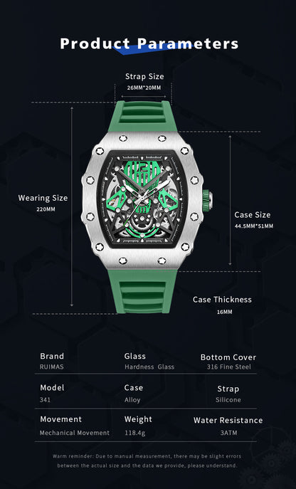 RUIMAS Luxury Watch Men Fashion Automatic Mechanical Watches Clock Silicone Strap Sport Casual Wristwatch Big Dial Reloj Hombre 341