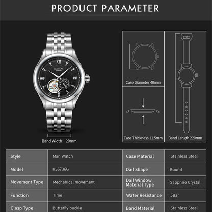 RUIMAS Luxury Men Mechanical Watches Sapphire Glass Stainless Steel Bracelet Business Casual WristWatch Clock Montre Homme 6736