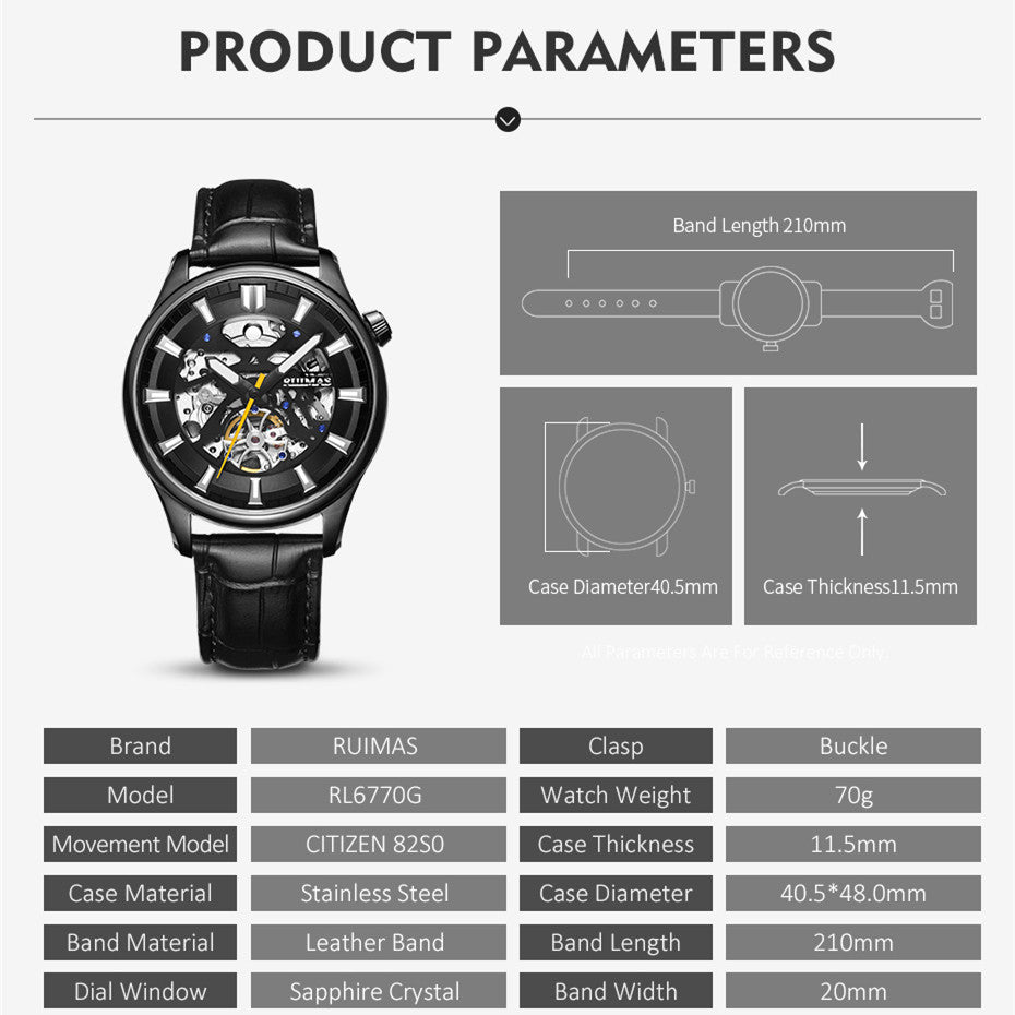 RUIMAS Men Mechanical Wristwatch Fashion Casual Leather Band Watch Luxury Sport Wrist Watch Chronograph Luminous Man Clock 6770